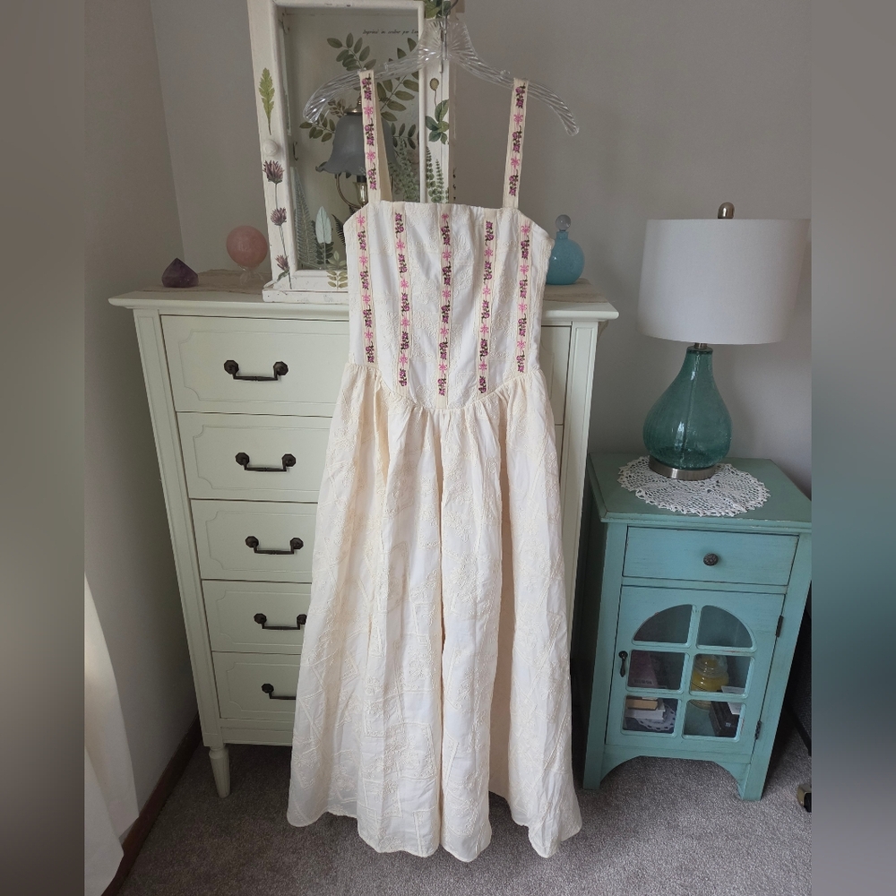 Agua Bendita Cream Dress with Pink Floral Straps